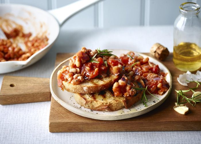 Baked beans on two slices of buttered sour
